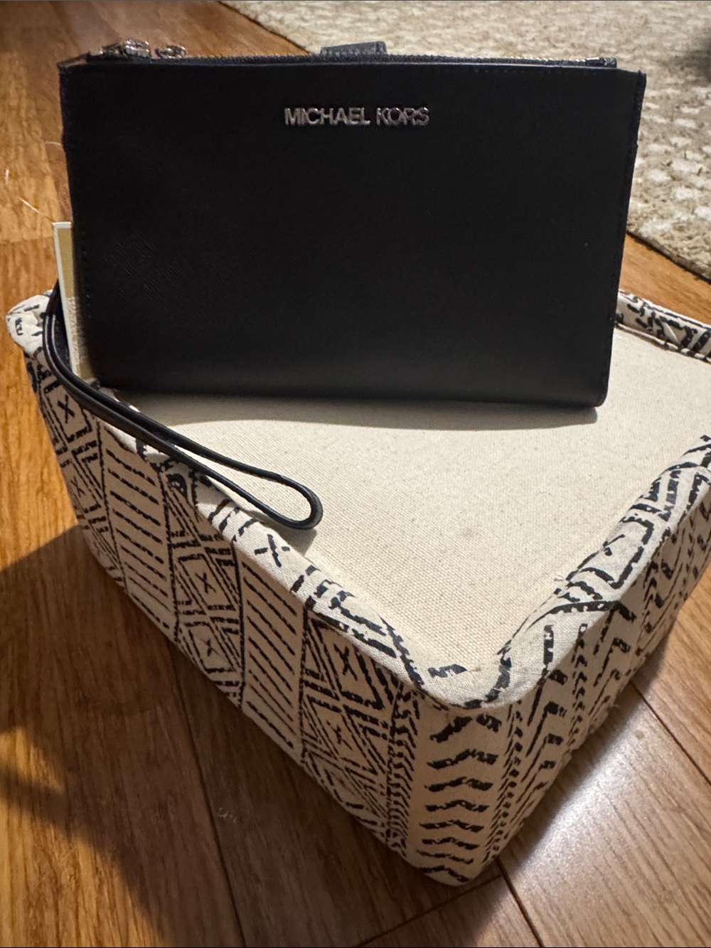 Michael Kors Black Leather Double Zip Wristlet with Detachable Strap
